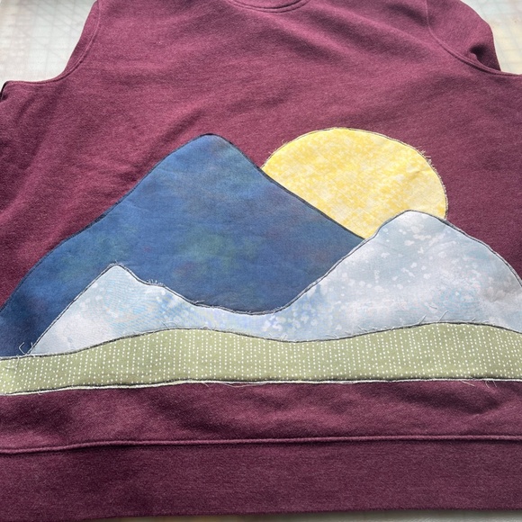 Upcycled Applique Mountain Scene Quarter Zip Sweatshirt XL Cottagecore Cabincore - Picture 4 of 6